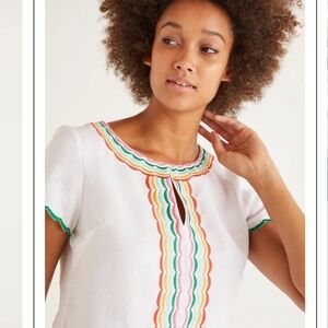 Boden Laura Linen Embroidered Top Size 2 Bohemian Multicolor Peasant Short Sleev